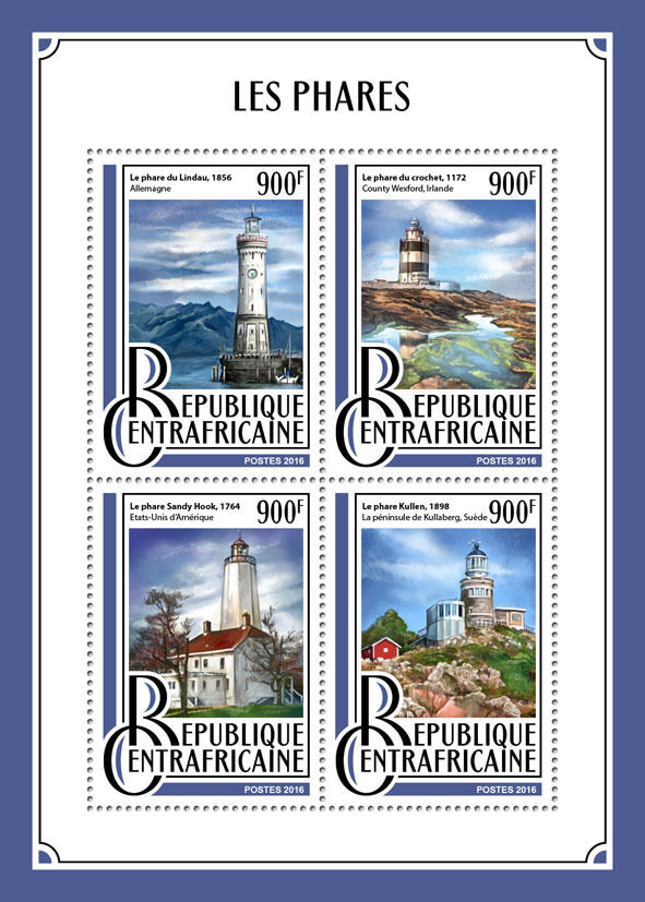 Central African Rep 2016 MNH Lighthouses Lindau Sandy Hook Kullen 4v M/S Stamps