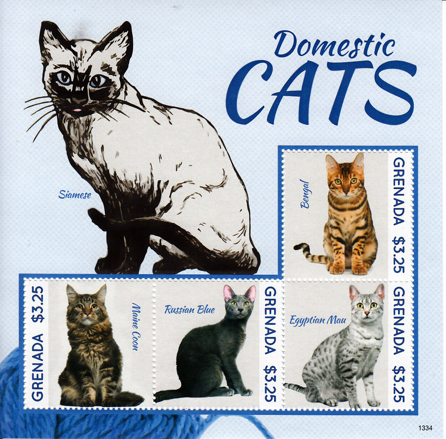 Grenada 2013 MNH Domestic Cats Stamps Bengal Maine Coon Russian Blue Pets 4v M/S
