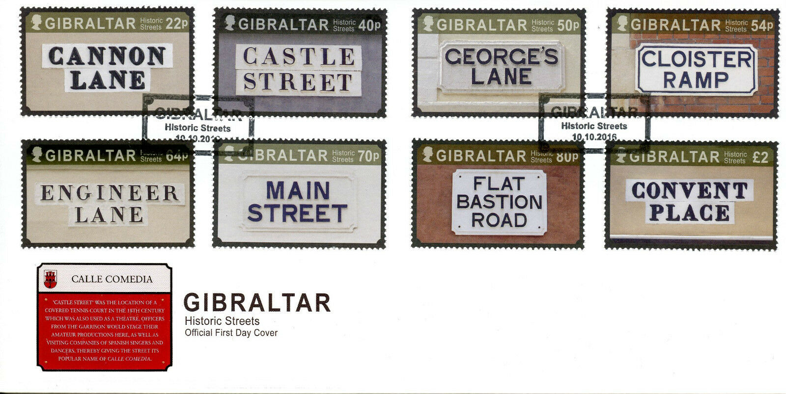Gibraltar 2016 FDC Historic Streets 8v Set Cover Street Names Stamps