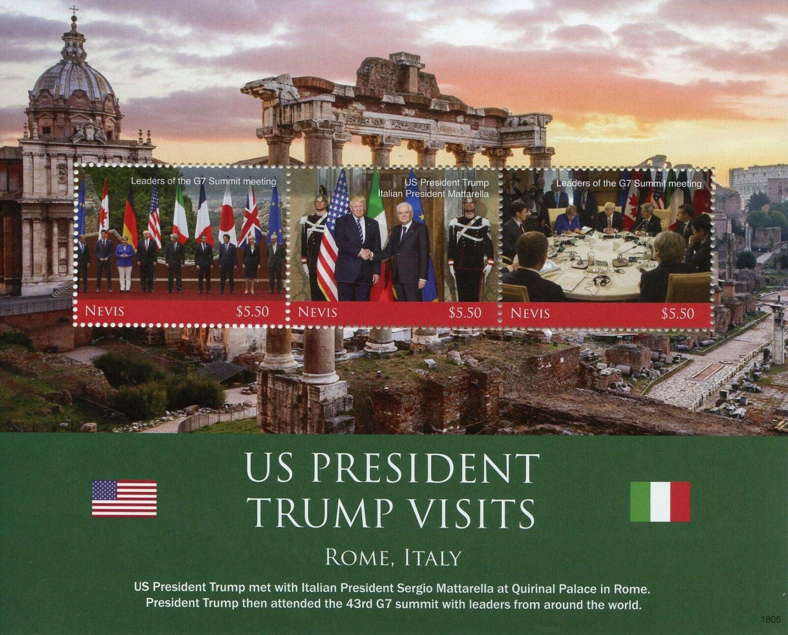 Nevis 2018 MNH Donald Trump Stamps Visit Italy Mattarella US Presidents 3v M/S