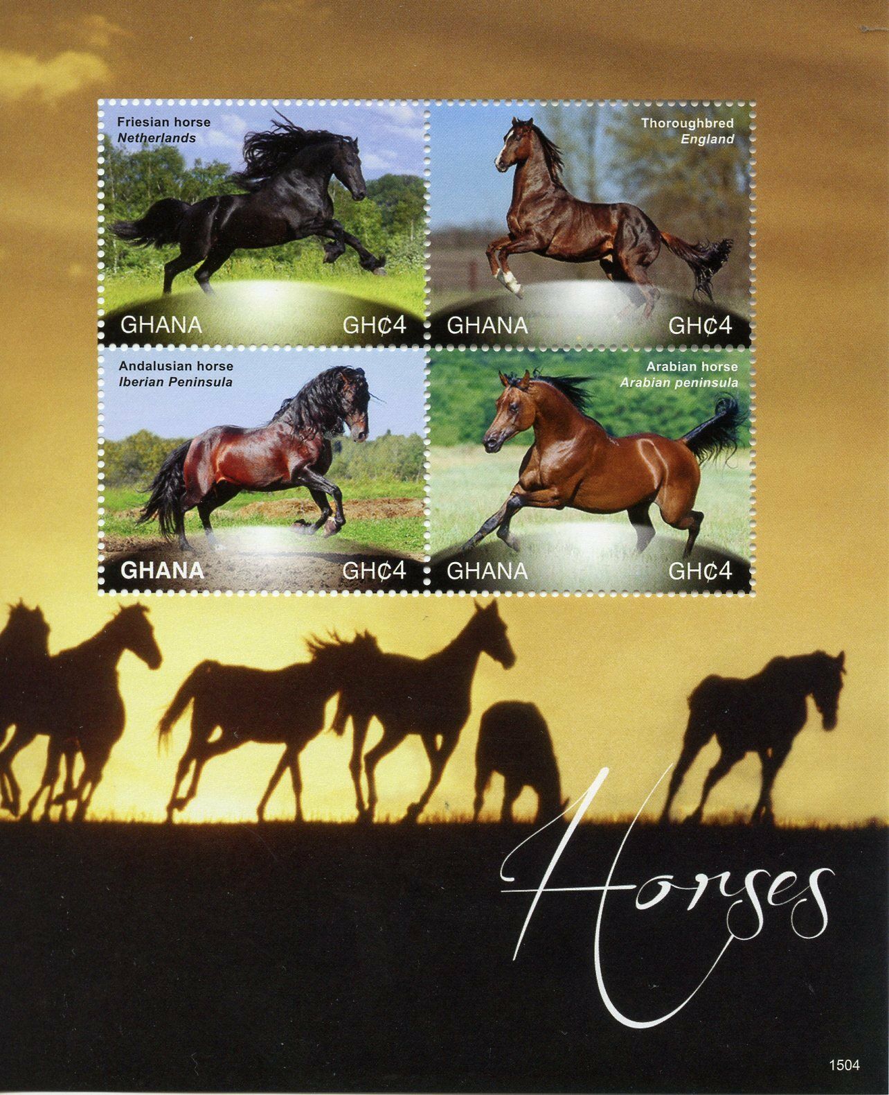 Ghana 2015 MNH Horses Stamps Friesian Thoroughbred Andalusian Arabian Horse 4v M/S II