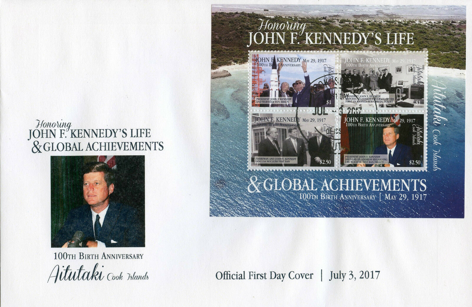 Aitutaki Cook Islands 2017 FDC John F Kennedy JFK 100th Birth 4v MS Cover Stamps