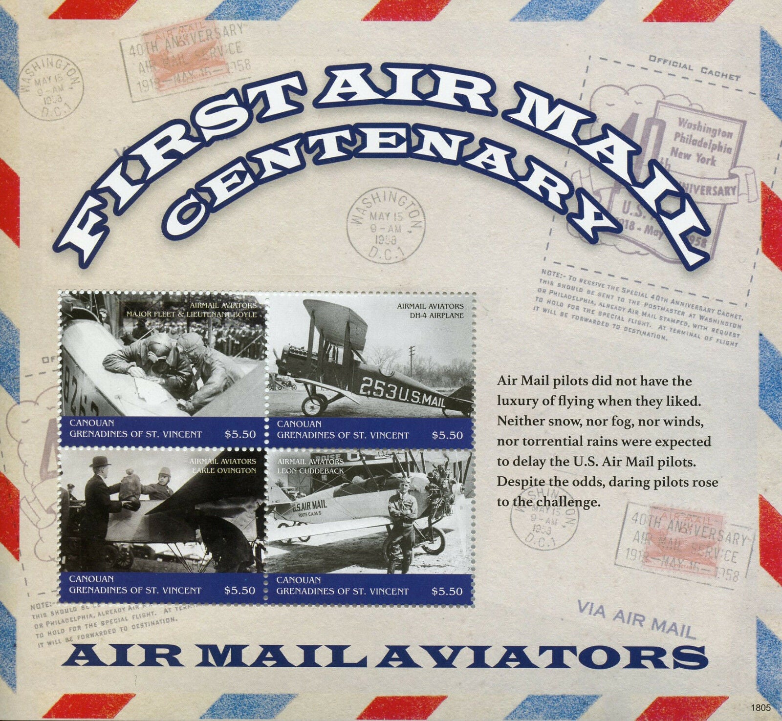 Canouan Gren St Vincent Aviation Stamps 2018 MNH 1st Airmail Aviators 4v M/S