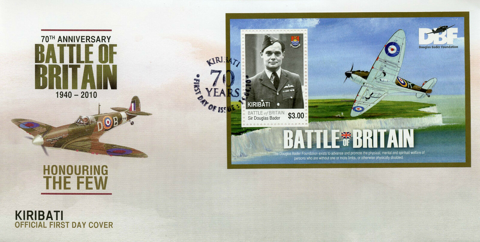 Kiribati 2010 FDC Military Stamps WWII WW2 Battle of Britain 70th Anniv Douglas Bader 1v M/S