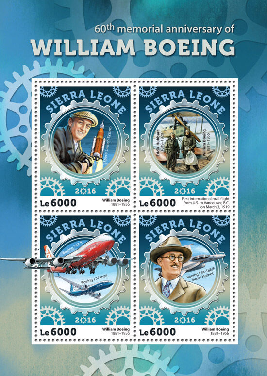 Sierra Leone 2016 MNH William Boeing 60th Mem 4v M/S Aircraft Aviation Stamps