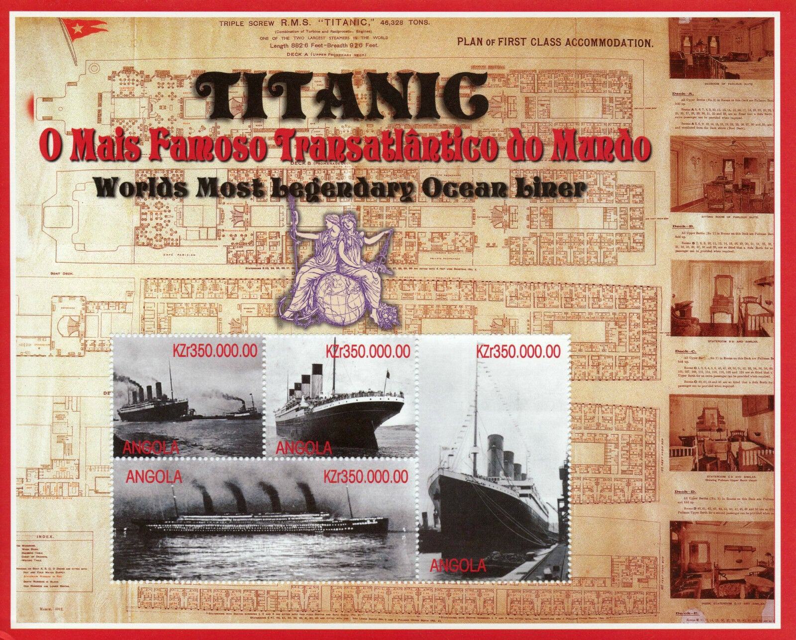 Angola MNH 1998 Titanic World Most Legendary Ocean Liner 4v M/S Boats Ships
