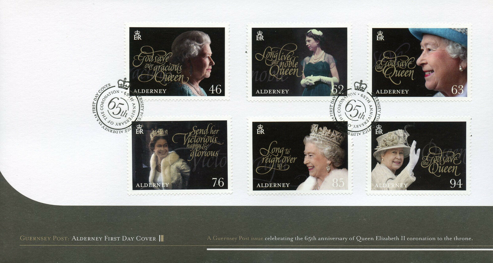 Alderney 2018 FDC Queen Elizabeth II Coronation 65th Ann 6v Cover Royalty Stamps