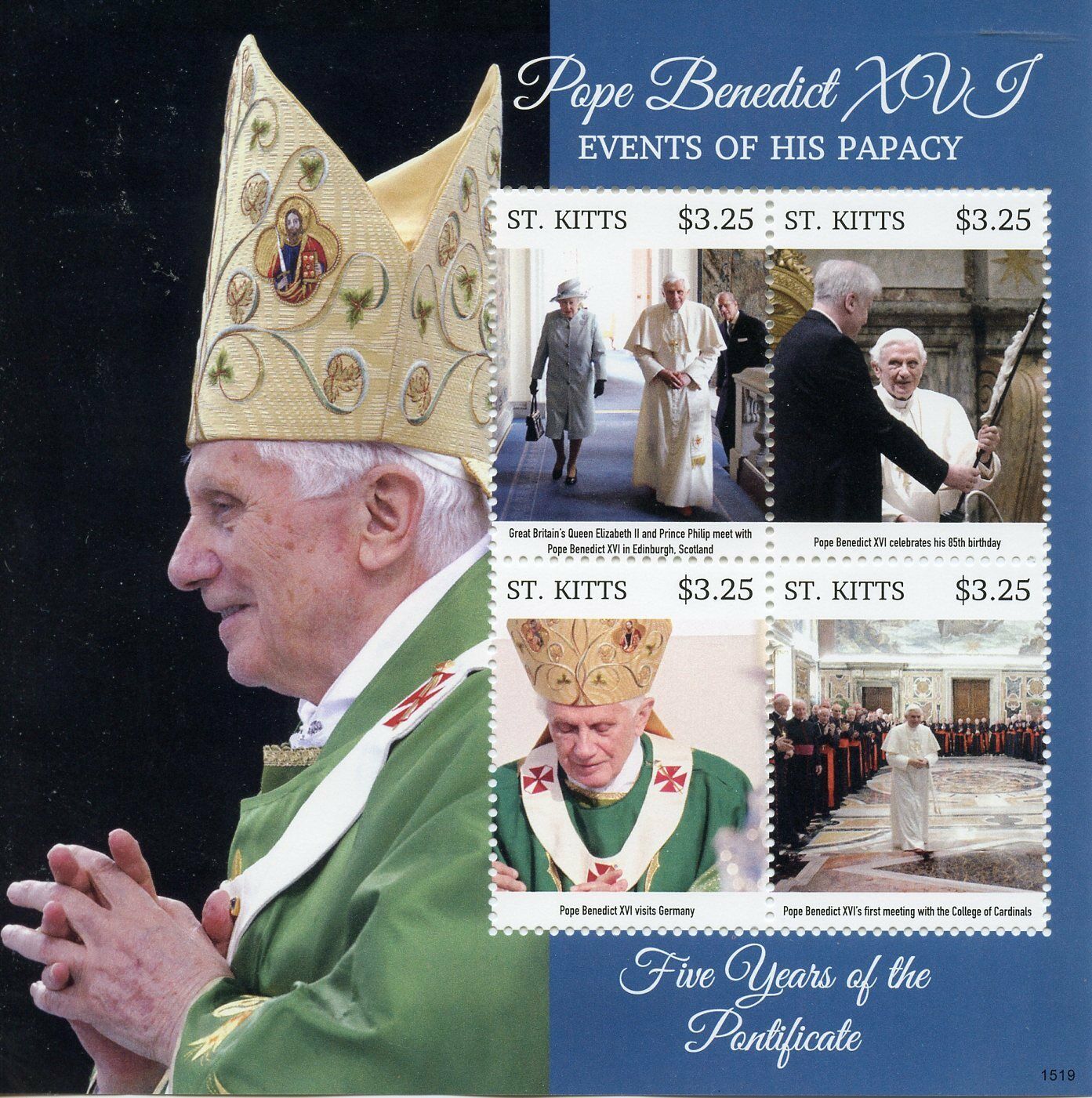 St Kitts 2015 MNH Pope Benedict XVI Events Papacy Five Years Pontificate 4v M/S