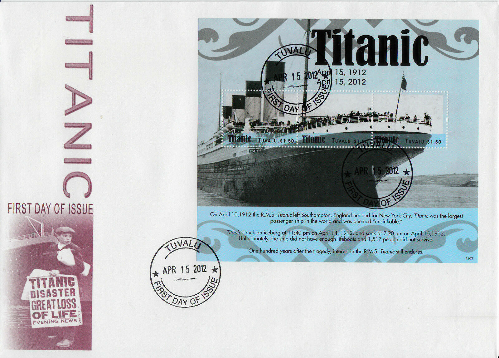 Tuvalu 2012 FDC RMS Titanic 3v M/S Cover Boats Ships Sinking Disaster