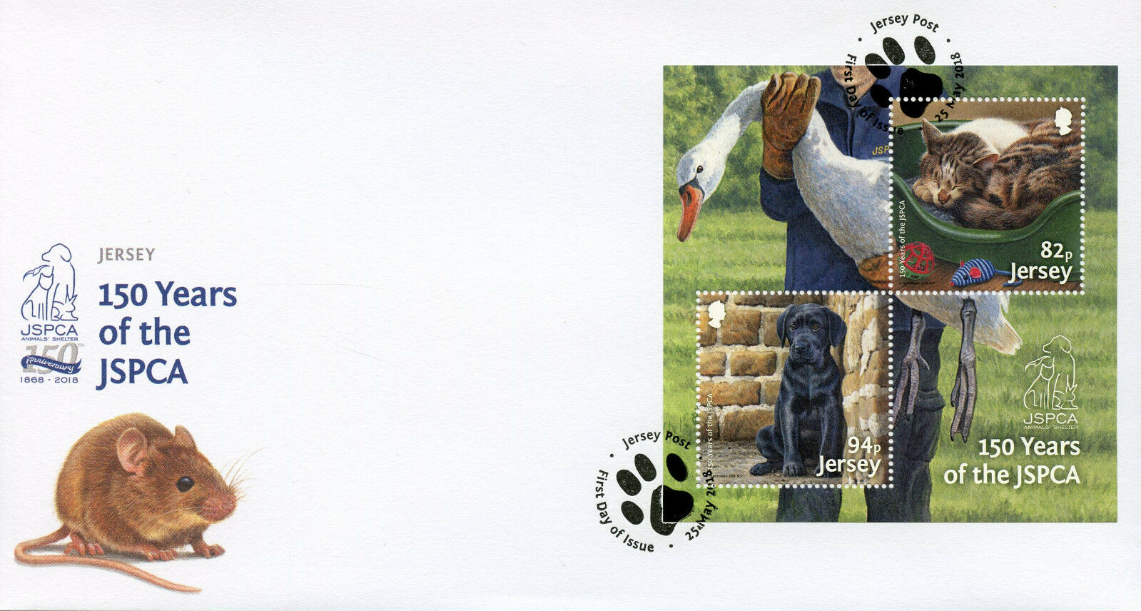Jersey 2018 FDC JSPCA 150 Years 2v M/S Cover Dogs Cats Swans Birds Stamps
