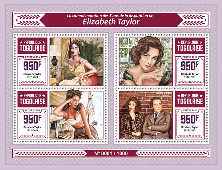 Togo 2016 MNH Liz Elizabeth Taylor 4v M/S Richard Burton Movie Stars Stamps