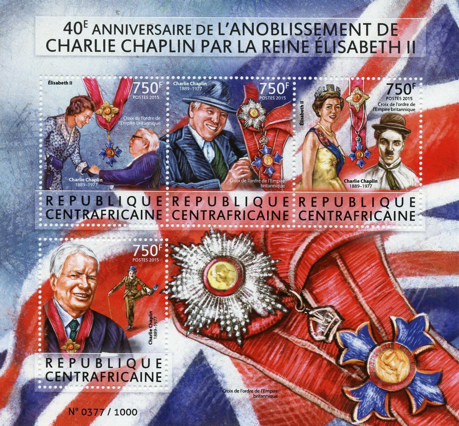 Central African Rep 2015 MNH People Stamps Charlie Chaplin Queen Elizabeth II 4v M/S