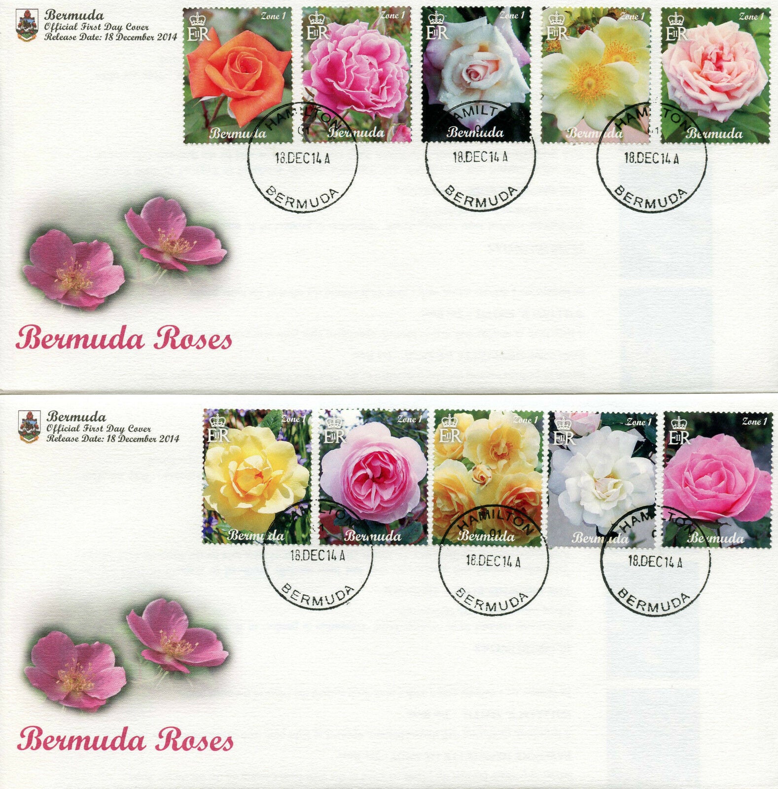 Bermuda 2014 FDC Bermuda Roses 10v Set on 2 Covers Flowers Flora Nature