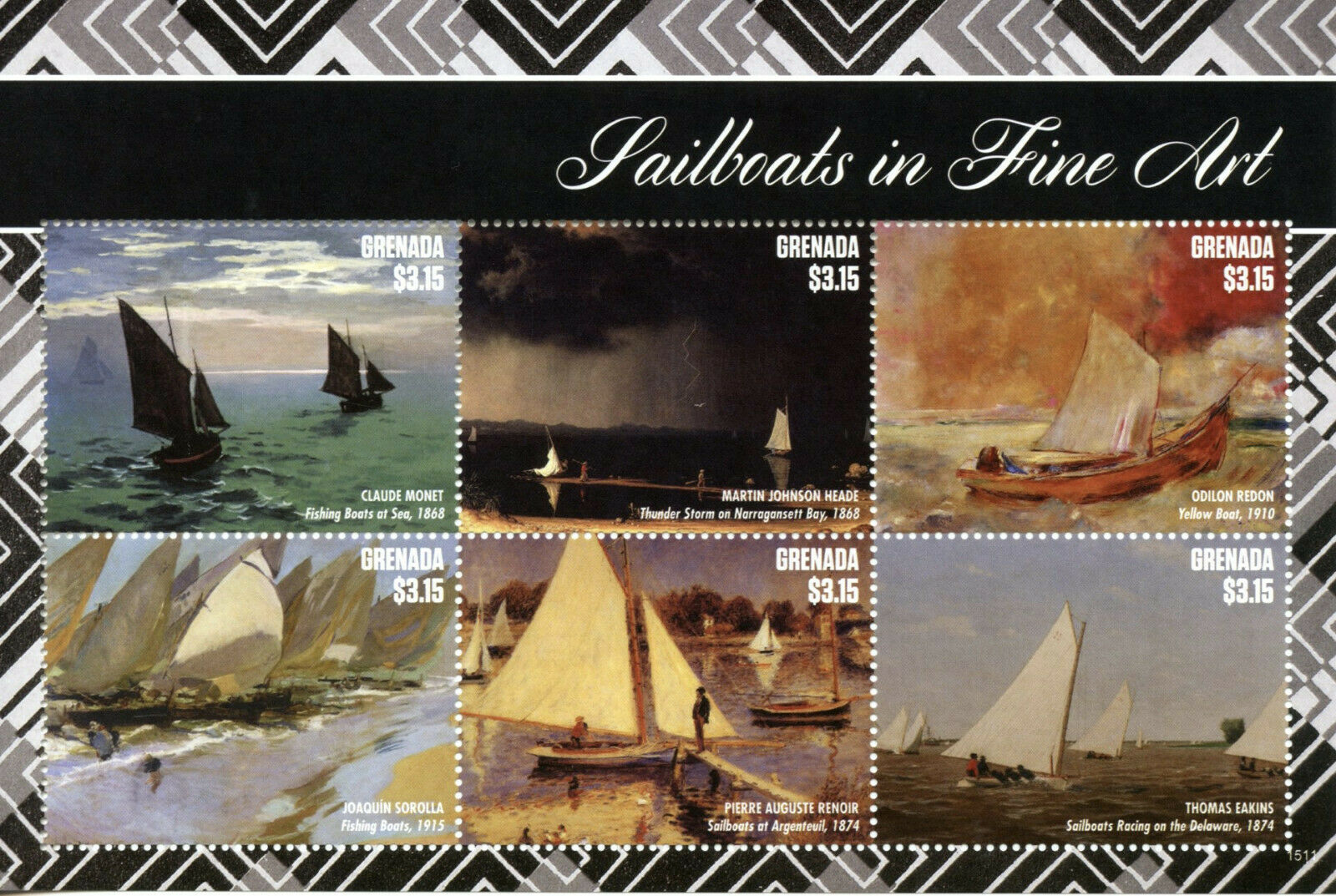 Grenada Boats Stamps 2015 MNH Sailboats in Fine Art Renoir Monet Sorolla 6v M/S
