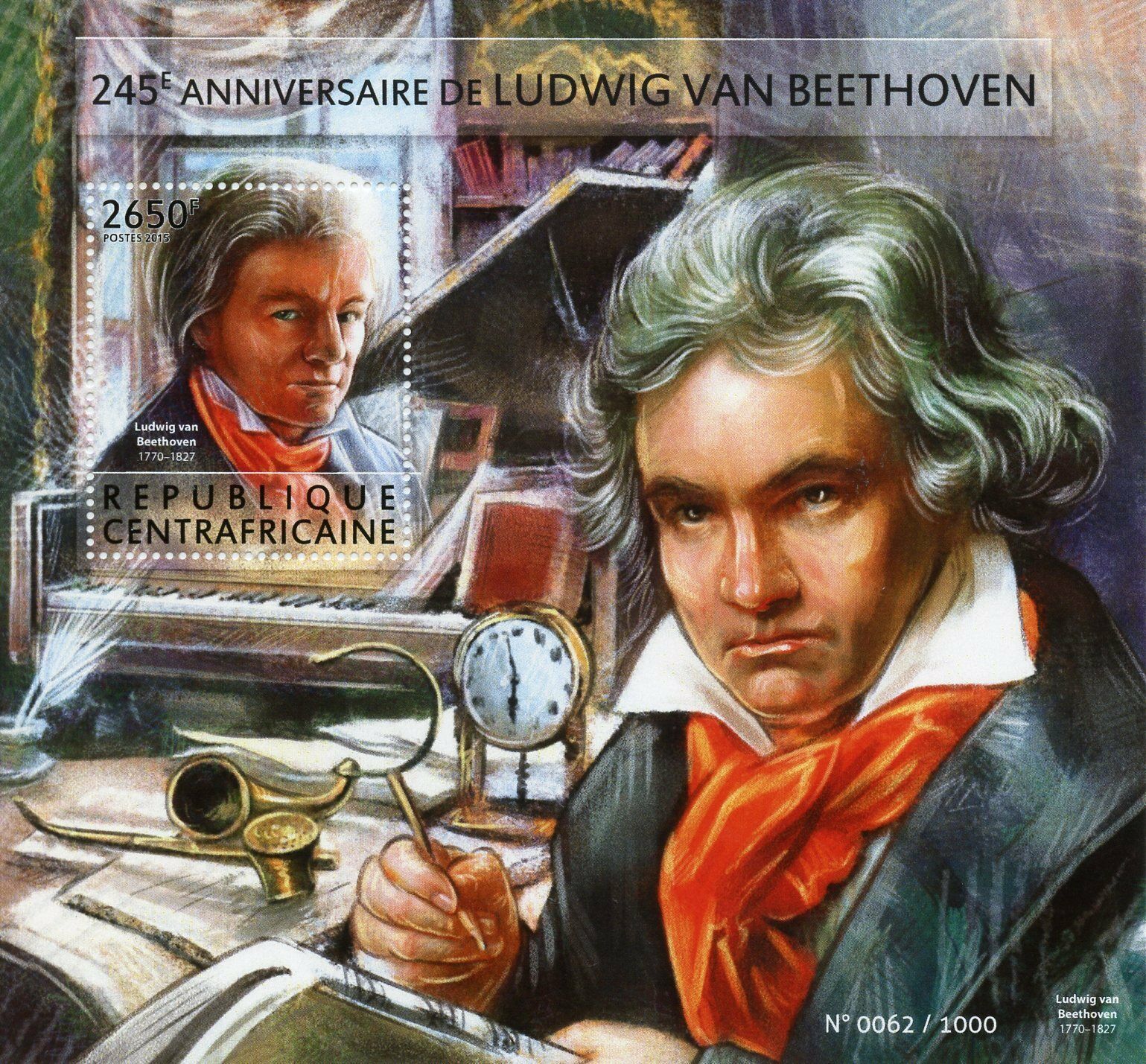 Central African Rep Music Stamps 2015 MNH Ludwig van Beethoven Composers 1v S/S