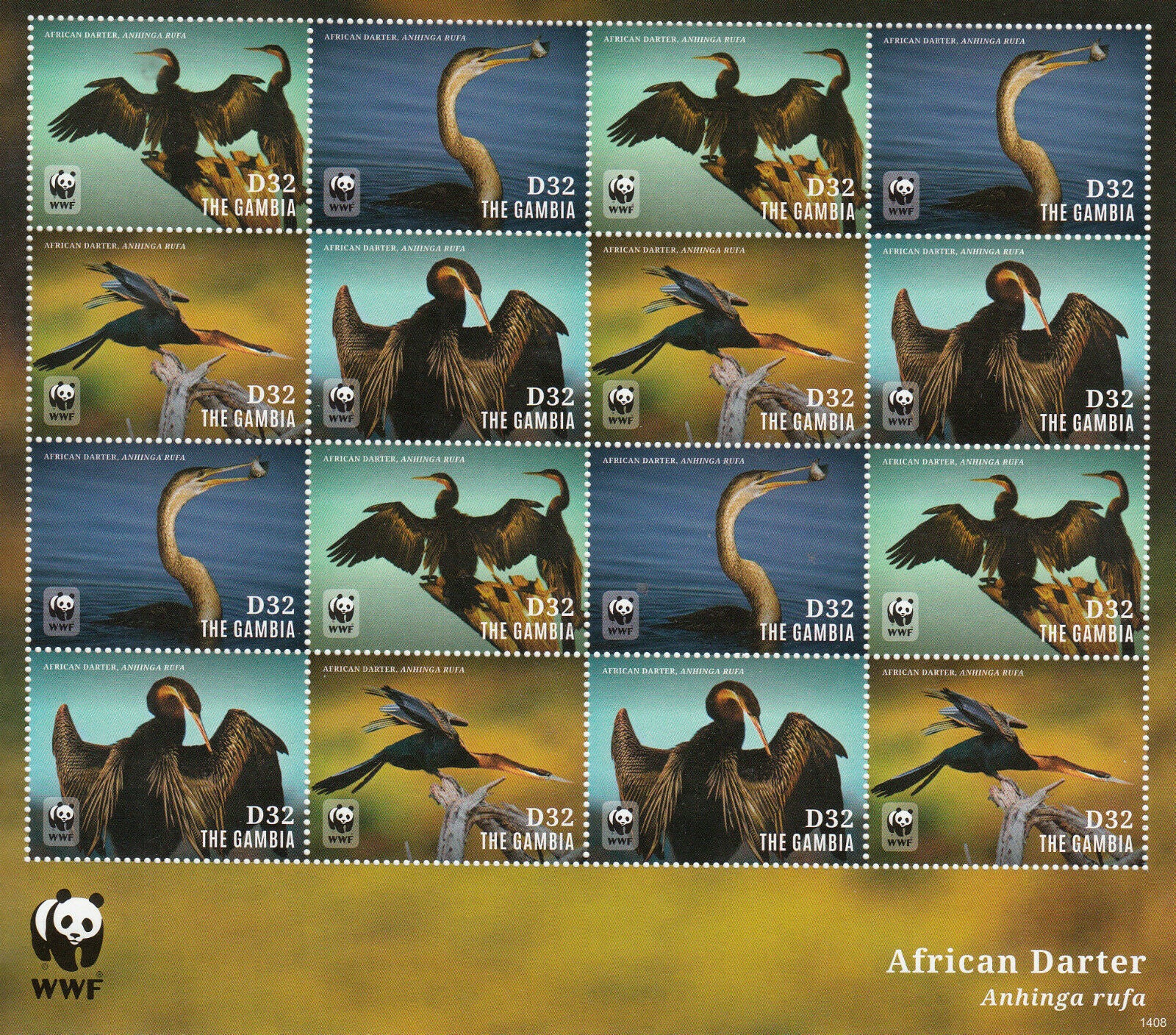 Gambia 2014 MNH African Darter WWF 16v M/S Birds Anginga Rufa