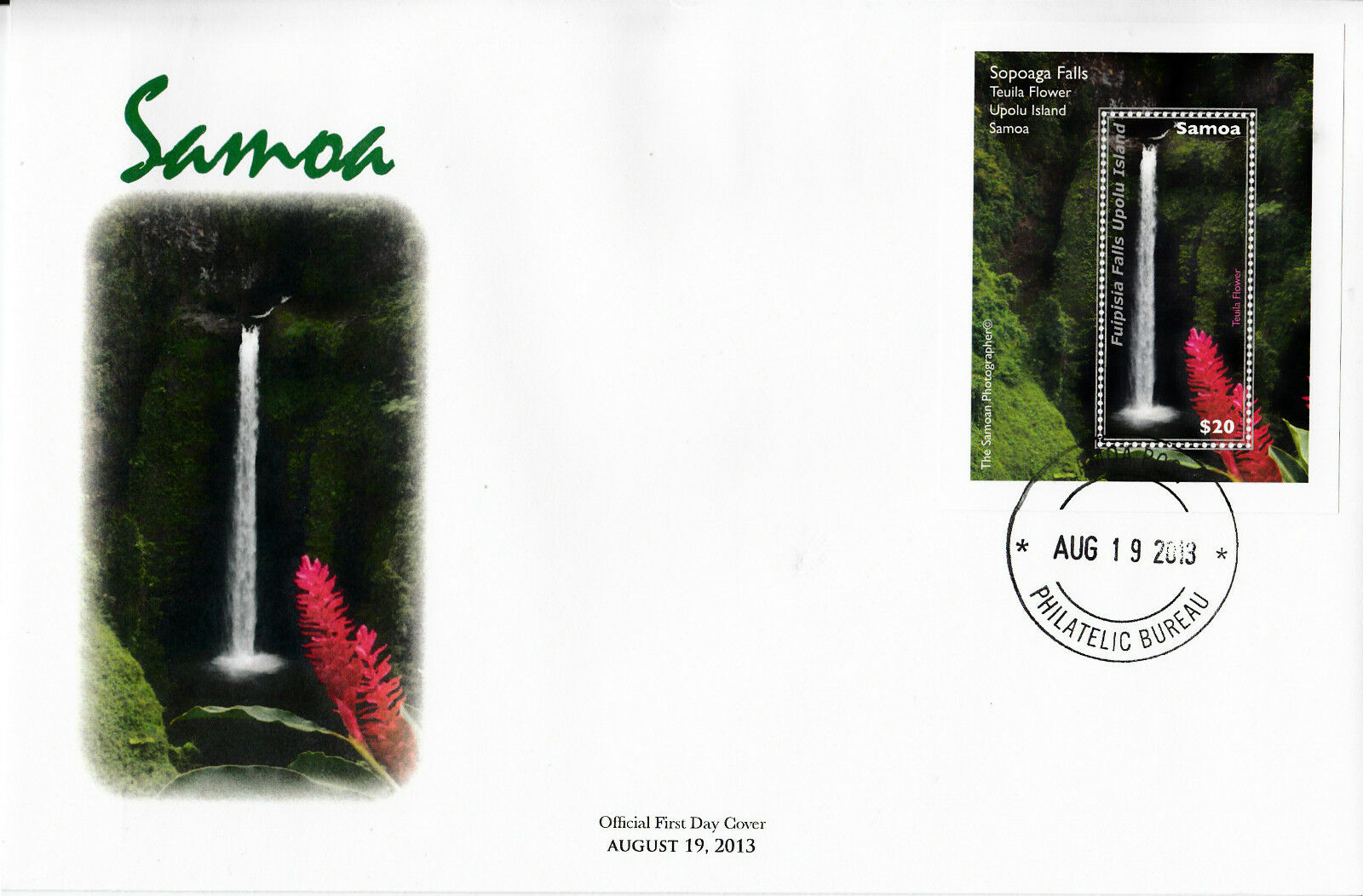 Samoa 2013 FDC Waterfall Part 2 1v S/S Cover Teuila Flower Sopoaga Falls Upolu