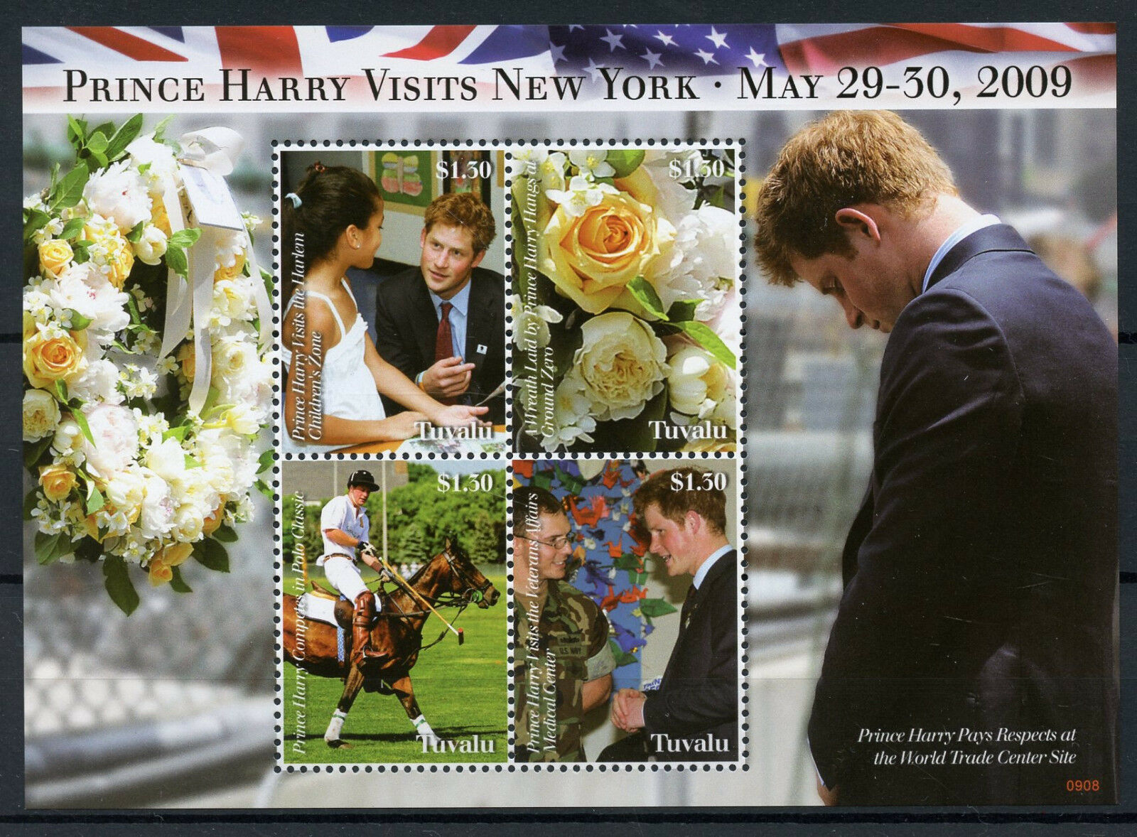 Tuvalu 2009 MNH Prince Harry Visits New York 4v M/S WTC Polo Royalty Stamps