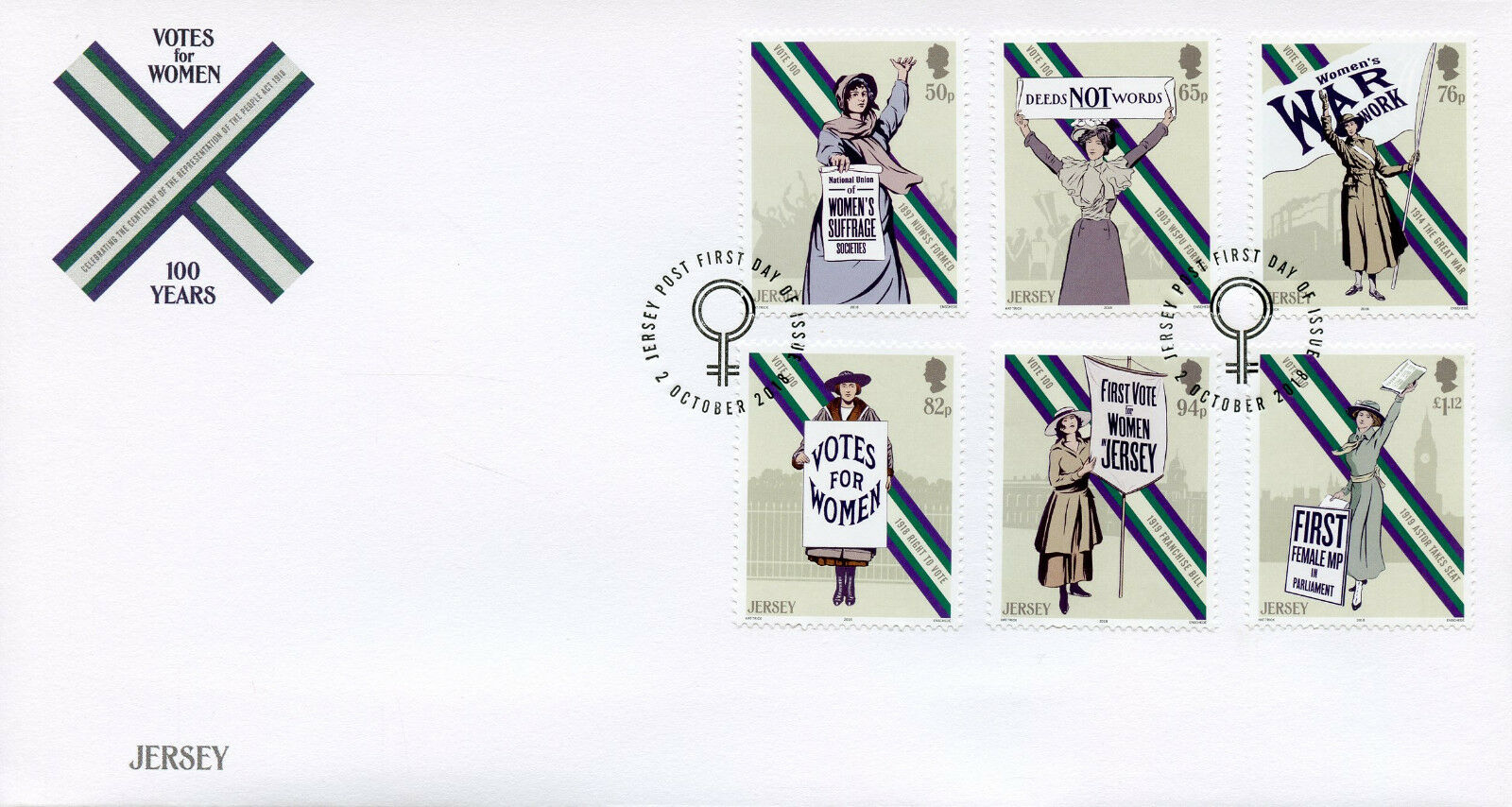 Jersey 2018 FDC Votes for Women Women's Suffrage 6v Set Cover Voting Stamps