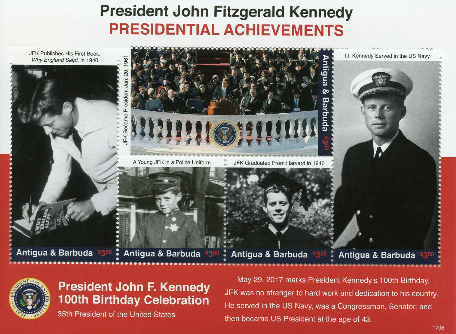 Antigua & Barbuda 2017 MNH JFK John F Kennedy 100th 5v M/S US Presidents Stamps