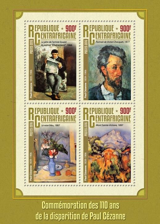 Central African Republic 2016 MNH Paul Cezanne 110th Memorial 4v M/S Art Stamps
