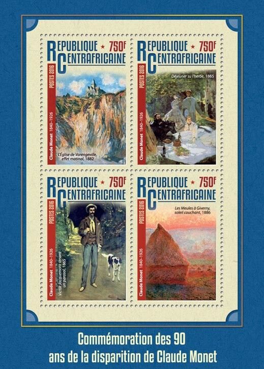 Central African Republic 2016 MNH Claude Monet 90th Memorial 4v M/S Art Stamps