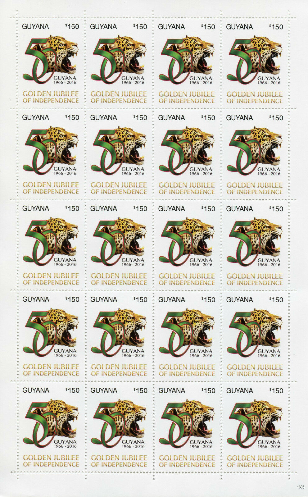 Guyana 2016 MNH Golden Jubilee of Independence 20v M/S III $150 Jaguars Stamps