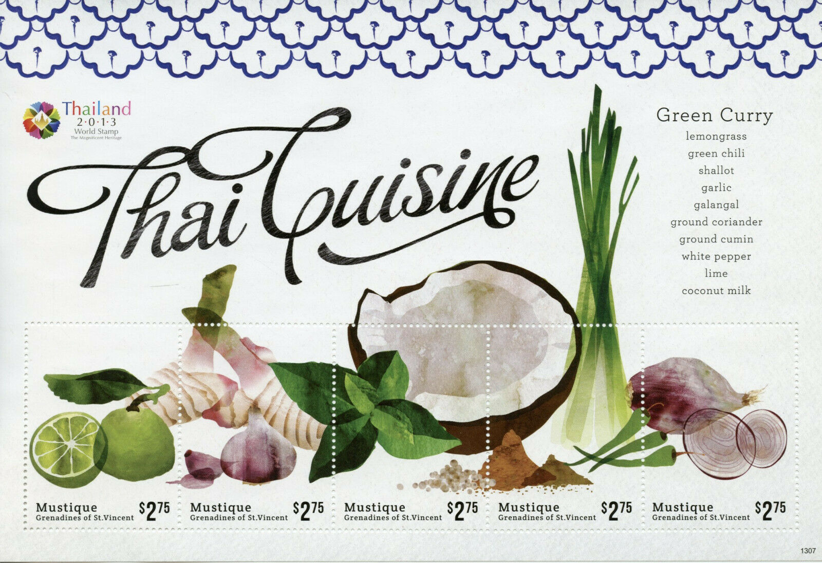 Mustique Gren St Vincent Gastronomy Stamps 2013 Thai Cuisine Cultures 5v M/S