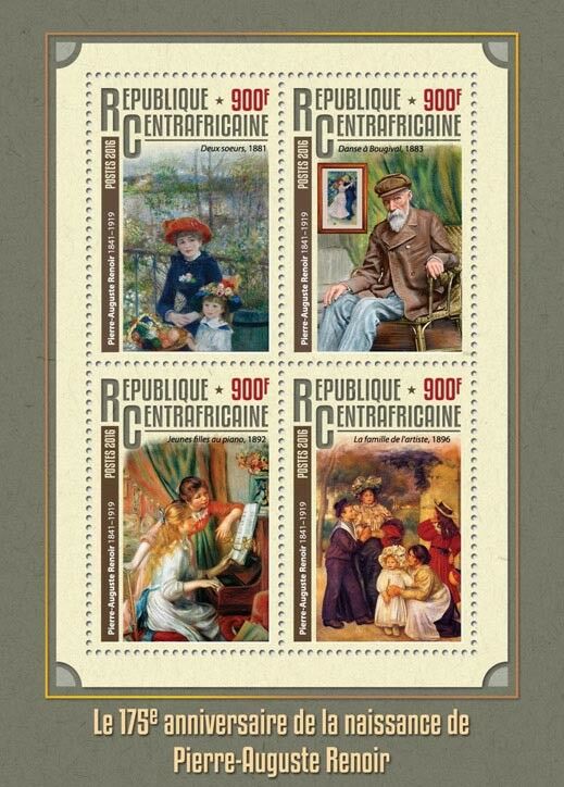 Central African Republic 2016 MNH Pierre-Auguste Renior 4v M/S Art Stamps