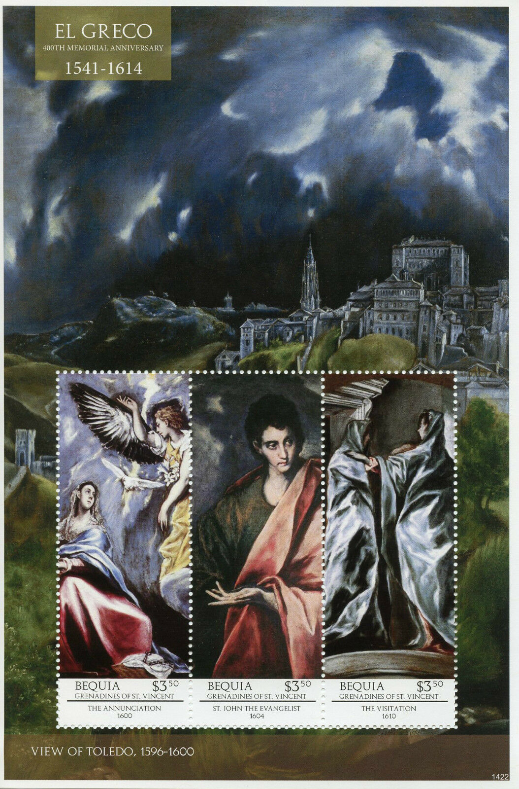 Bequia Grenadines St Vincent 2014 MNH El Greco 400th Memorial Anniv 3v M/S I