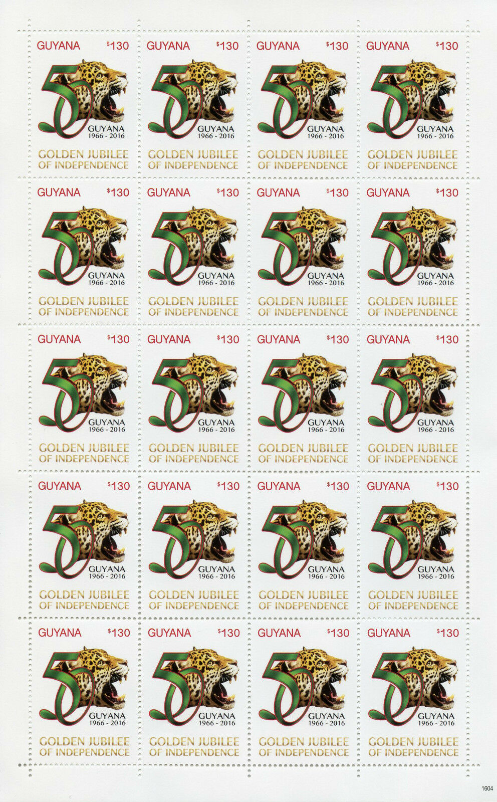 Guyana 2016 MNH Golden Jubilee of Independence 20v M/S II $130 Jaguars Stamps