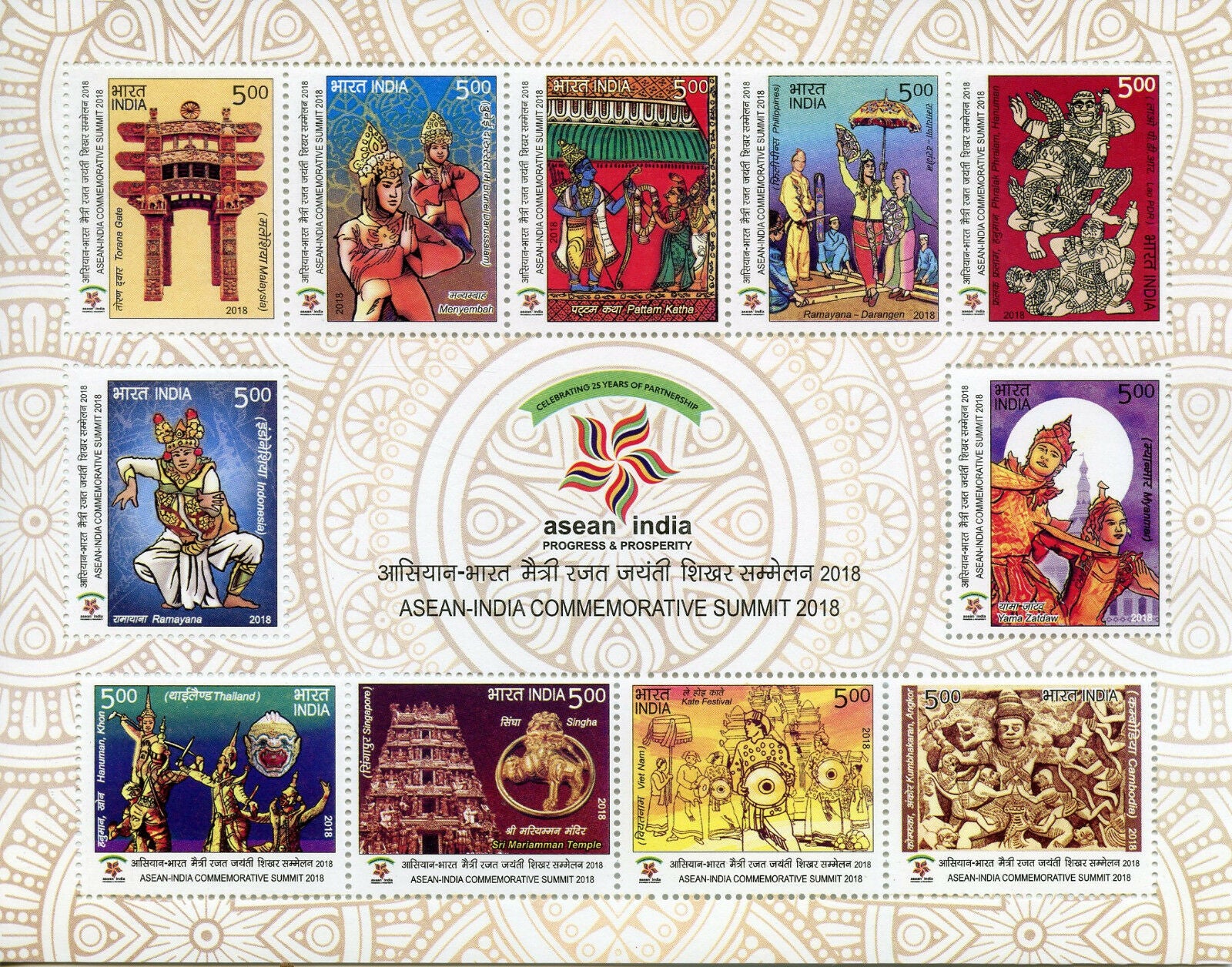 India 2018 MNH ASEAN Summit 11v M/S Temples Dance Cultures Festivals Stamps