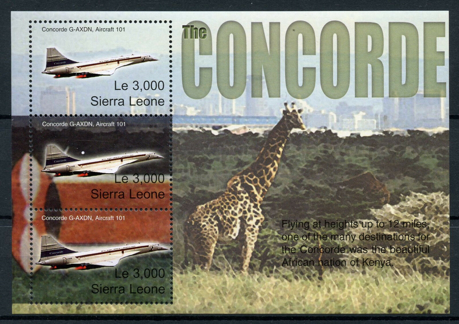 Sierra Leone 2003 MNH Concorde Over Kenya 3v M/S Giraffes Aviation Stamps