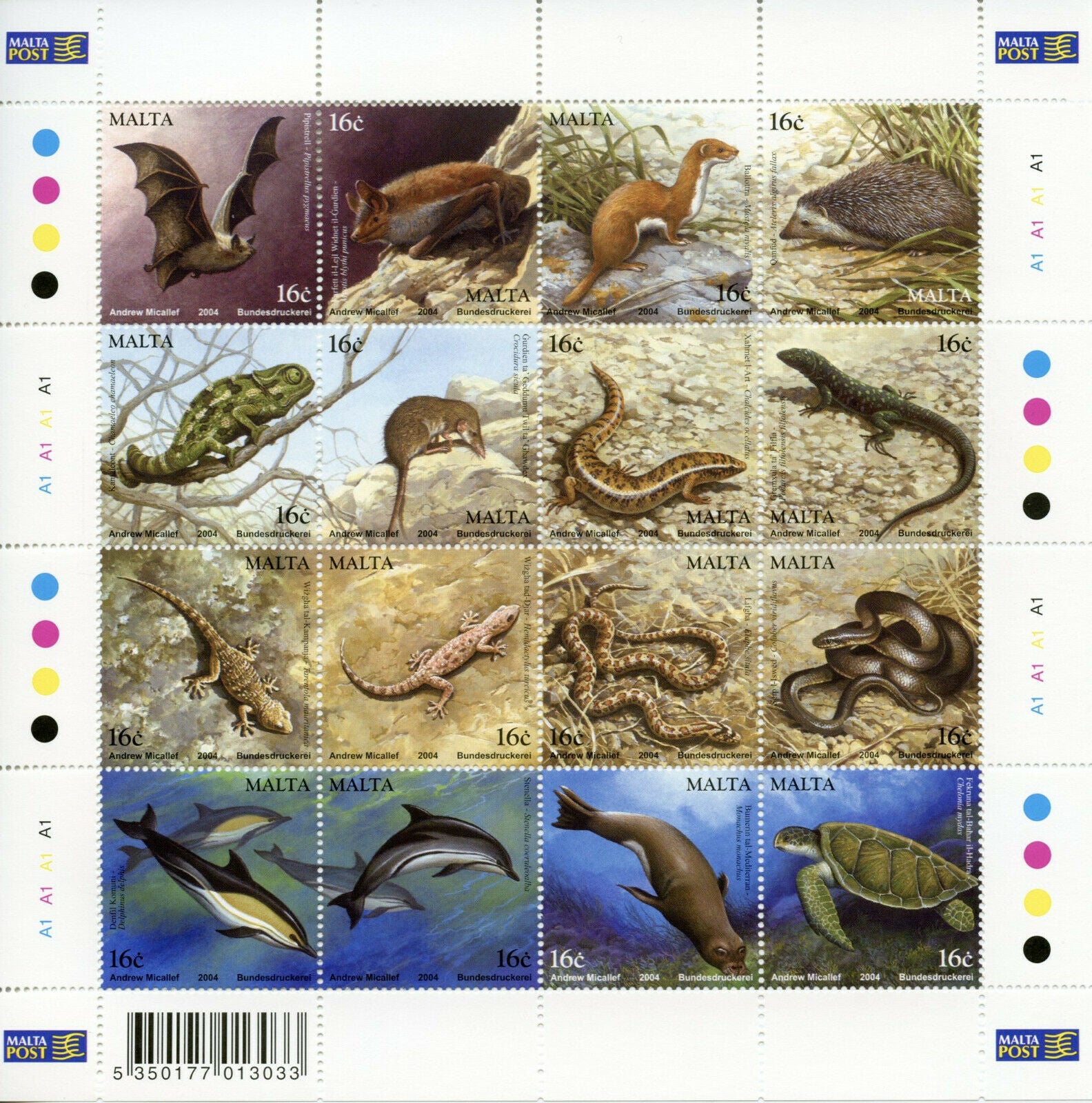 Malta Stamps 2004 MNH Mammals Reptiles Turtles Bats Lizards Dolphins 16v M/S
