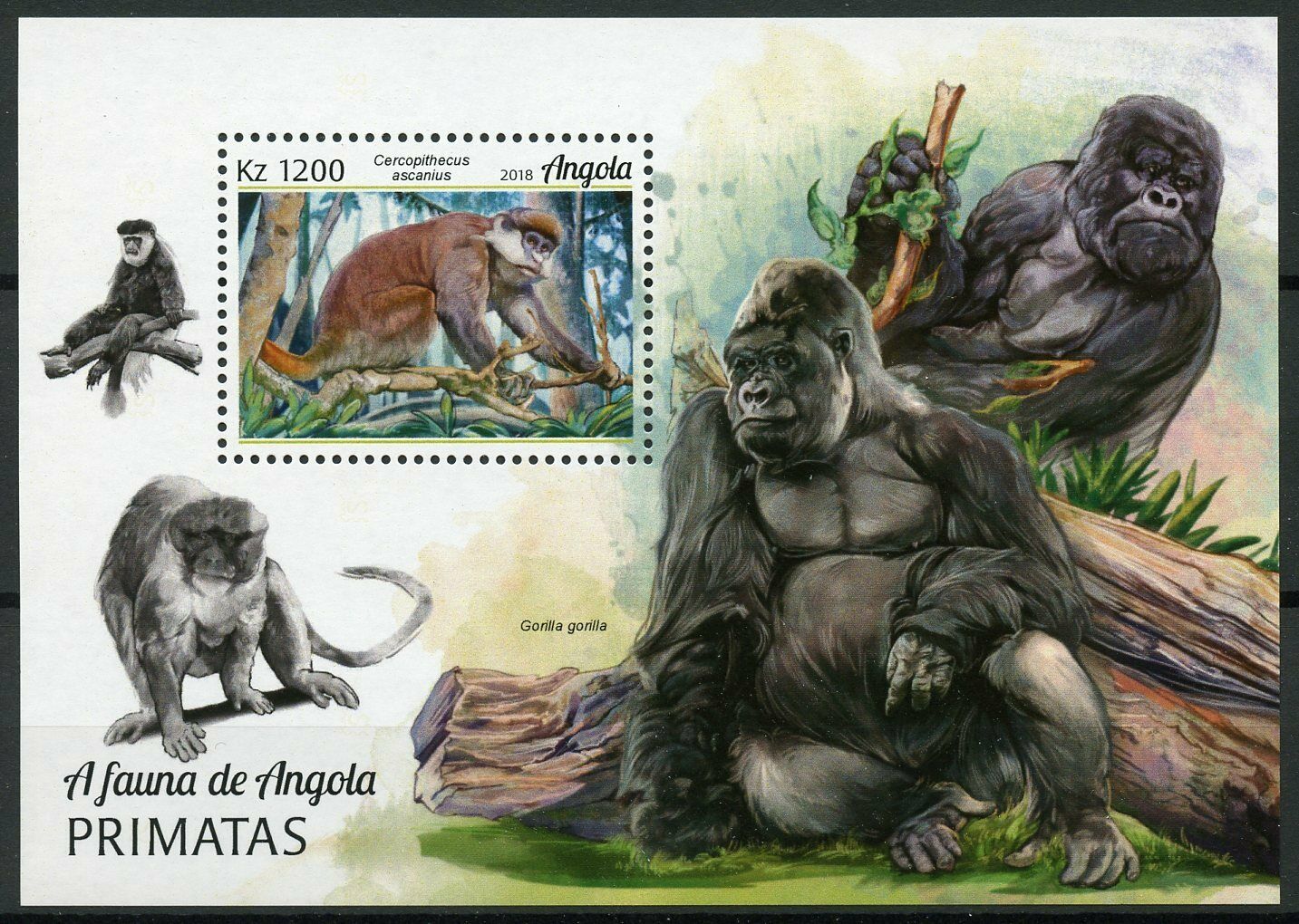 Angola Wild Animals Stamps 2018 MNH Primates Red-Tailed Monkeys Gorillas 1v M/S