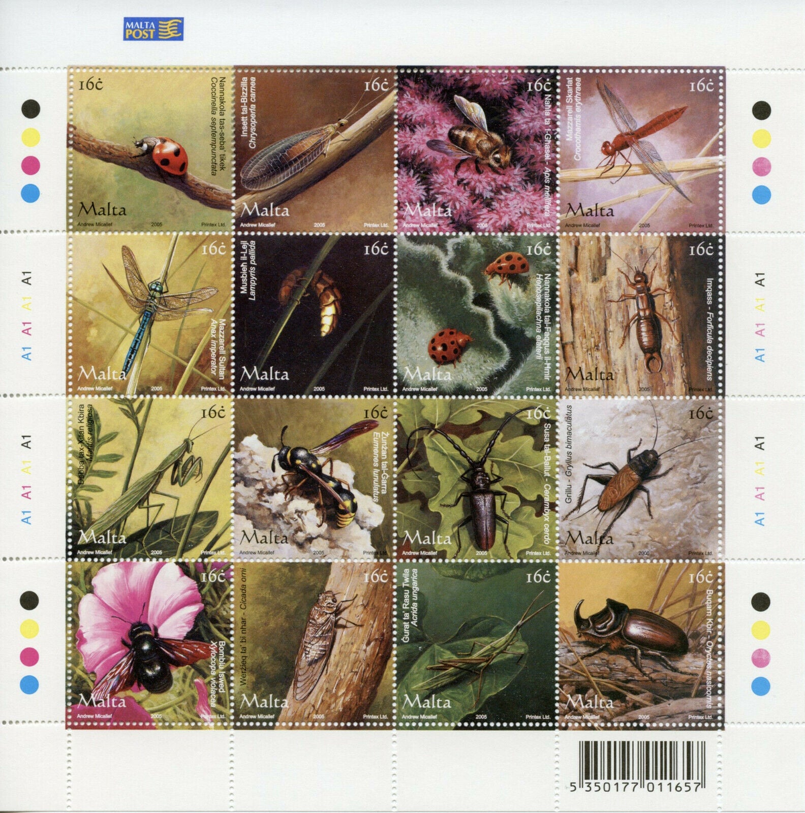 Malta Insects Stamps 2005 MNH Beetles Ladybirds Bees Dragonflies Fauna 16v M/S