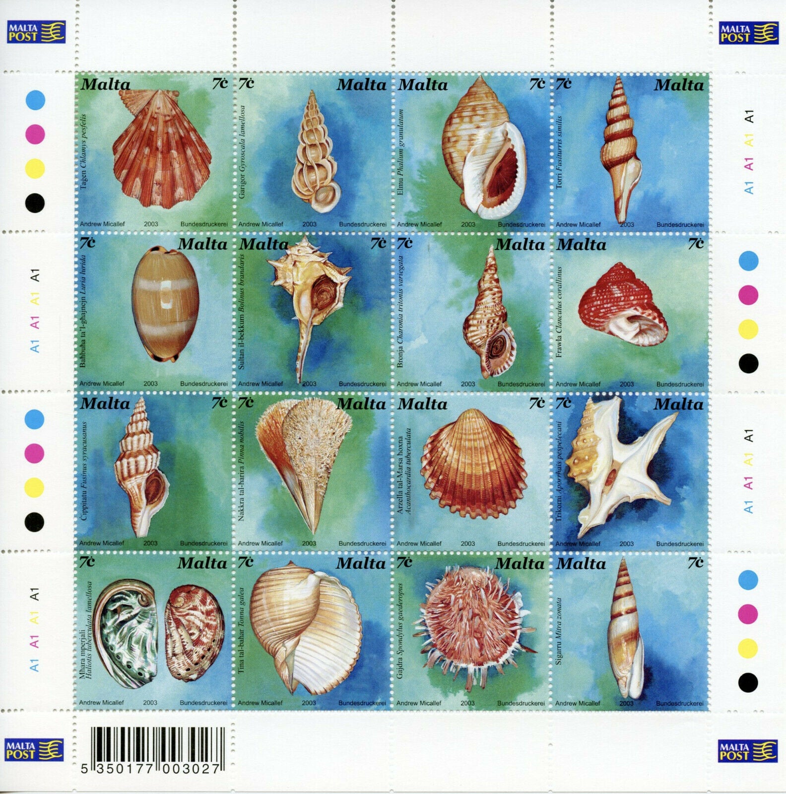 Malta Seashells Stamps 2003 MNH Sea Shells Tonna Spondylus Marine 16v M/S