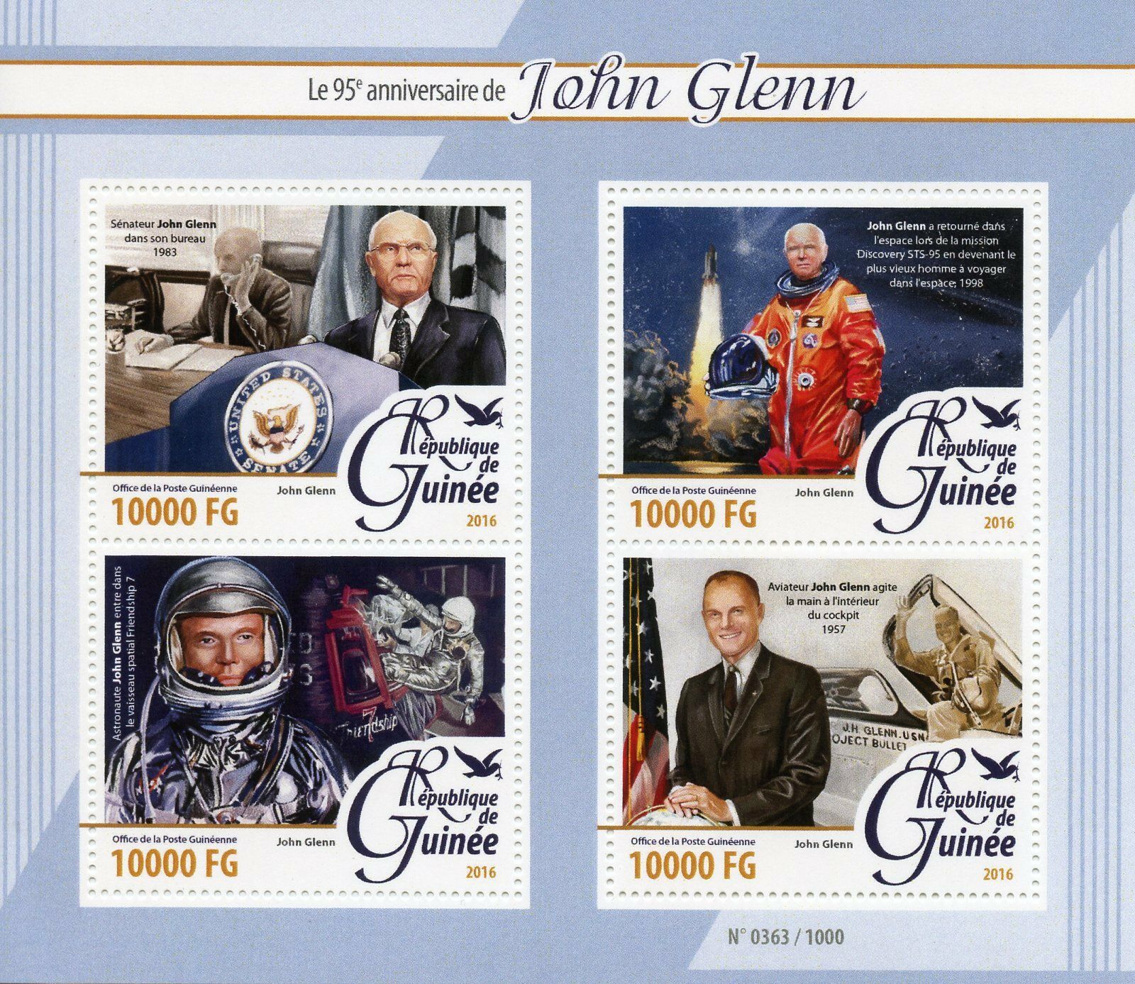 Guinea 2016 MNH John Glenn 95th Birthday Anniv 4v M/S Space Astronaut Senator