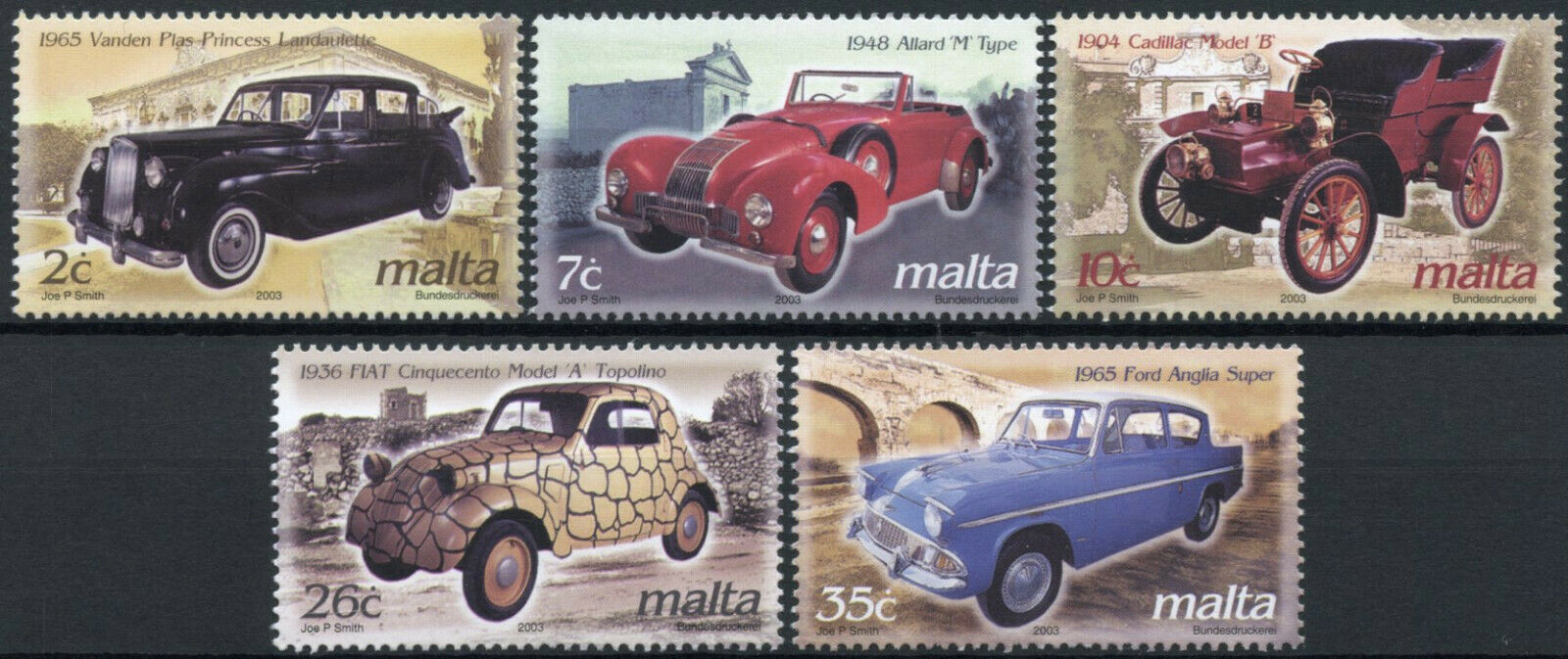 Malta Vintage Cars Stamps 2003 MNH Cadillac Fiat Cinquecento Ford Anglia 5v Set