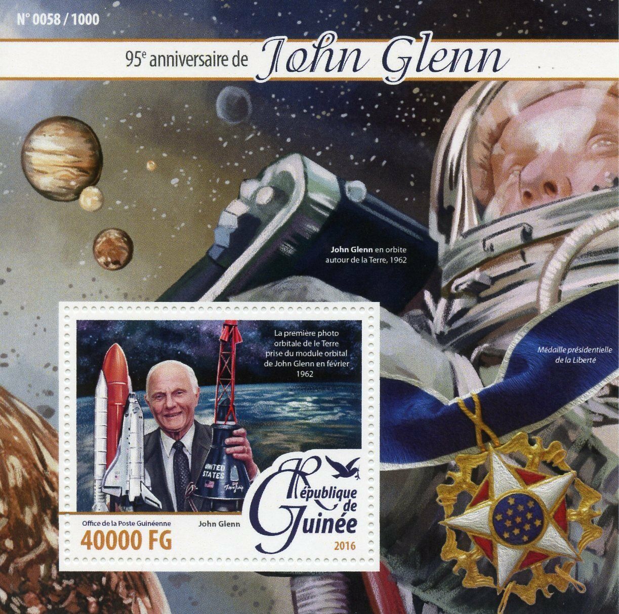 Guinea 2016 MNH John Glenn 95th Birthday Anniv 1v S/S Space Astronaut Senator