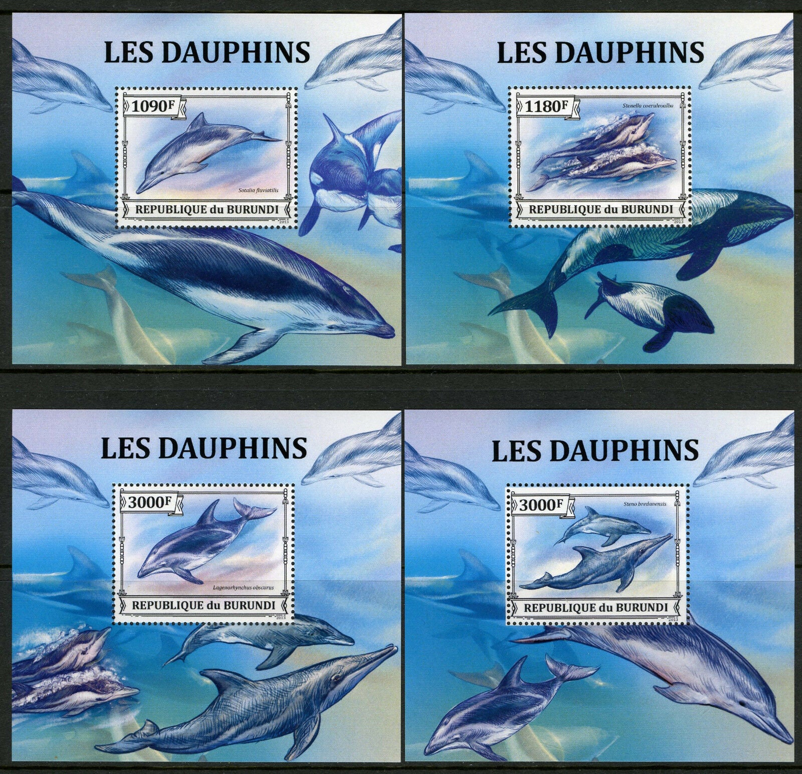 Burundi 2013 MNH Dolphins Dusky Dolphin 4x 1v Deluxe S/S Marine Animals Stamps