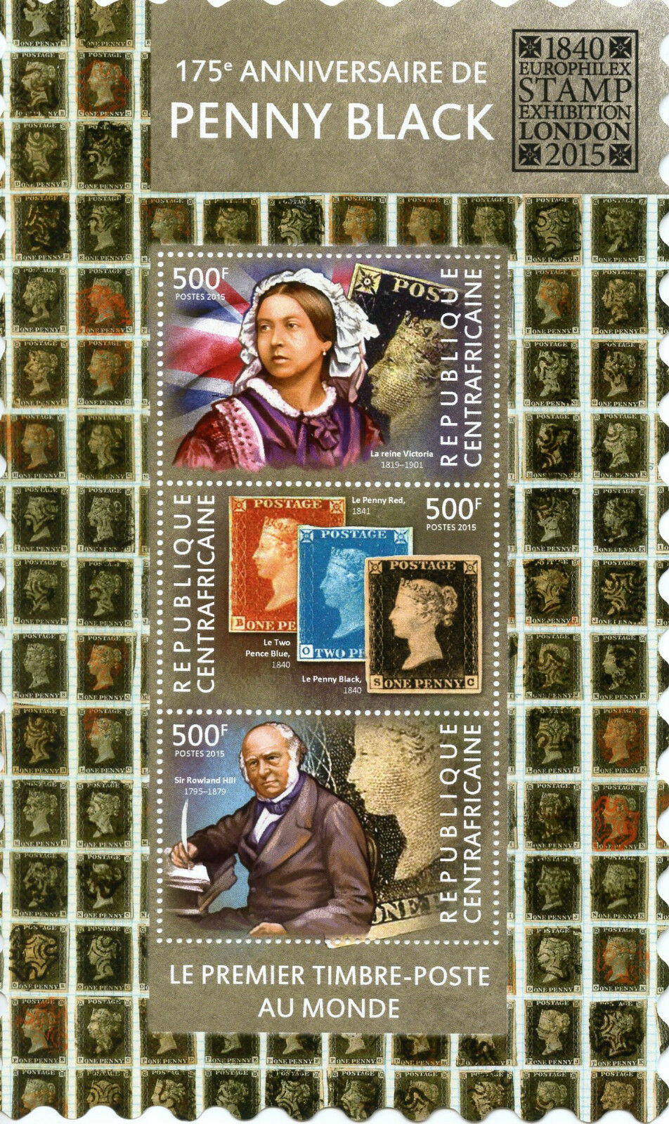 Central African Rep Stamps 2015 MNH Penny Black 175th Europhilex London 3v M/S