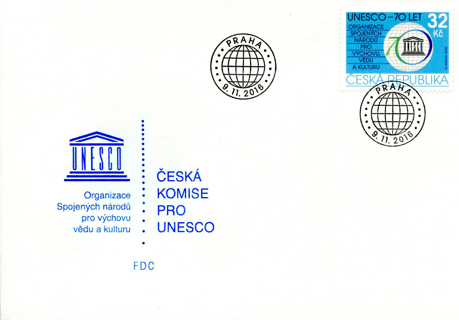 Czech Republic 2016 FDC UNESCO 70th Anniversary 1v Set Cover Stamps