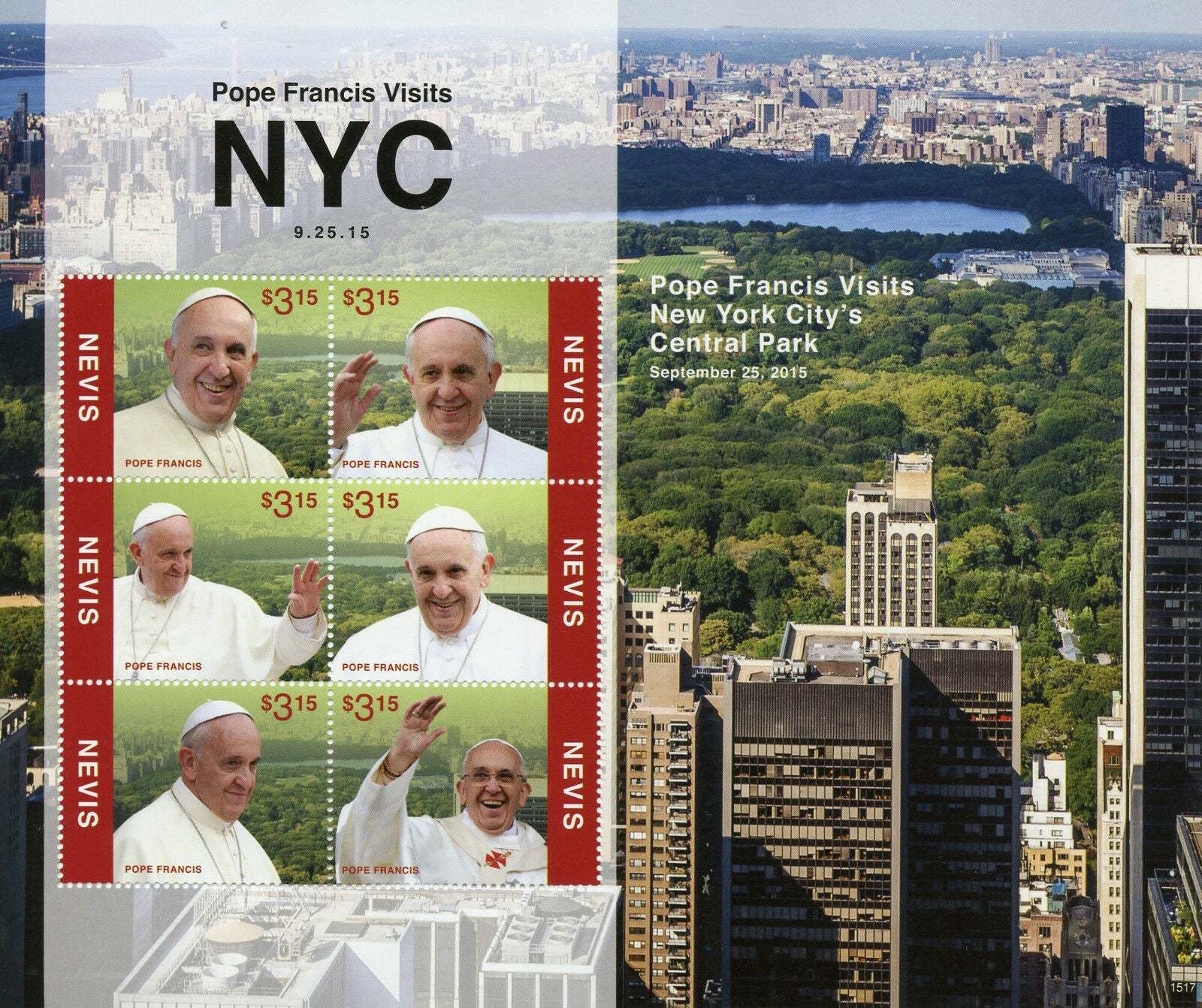 Nevis 2015 MNH Pope Francis Visits New York City Central Park NYC 6v M/S