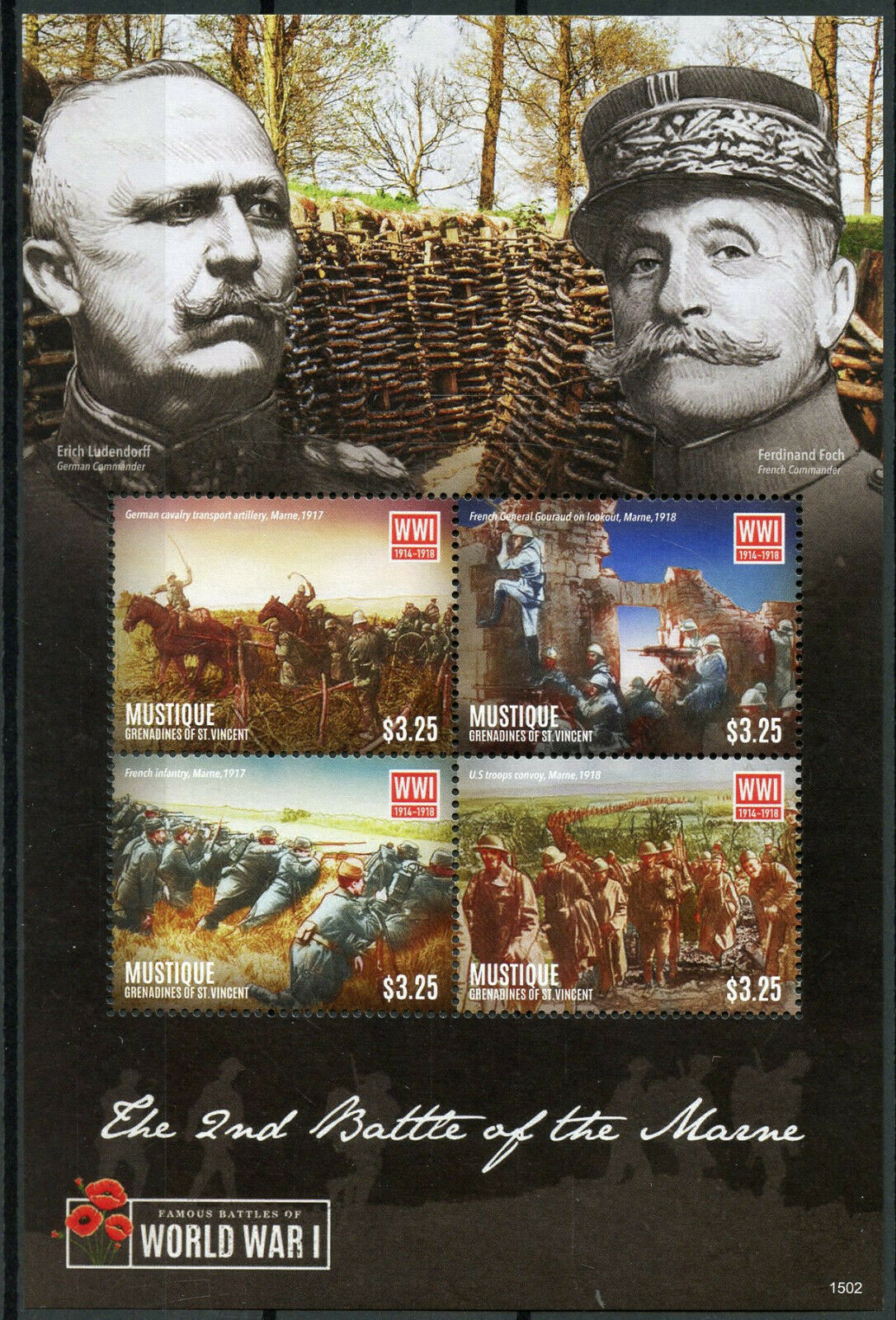 Mustique Gren St Vincent 2015 MNH Military Stamps WWI WW1 2nd Battle Marne 4v M/S