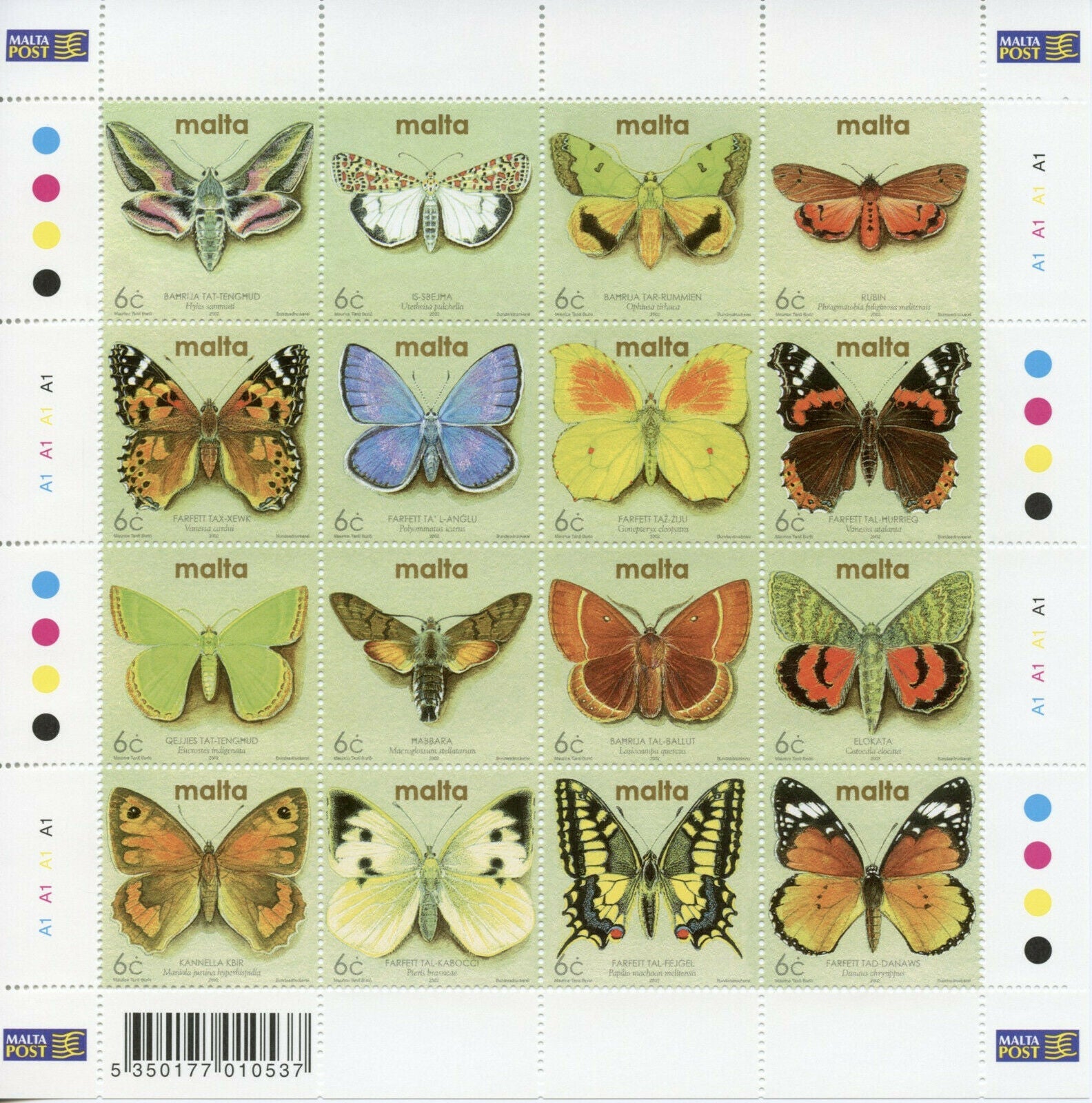 Malta 2002 MNH Moths & Butterflies Stamps Red Admiral Butterfly Insects 16v M/S