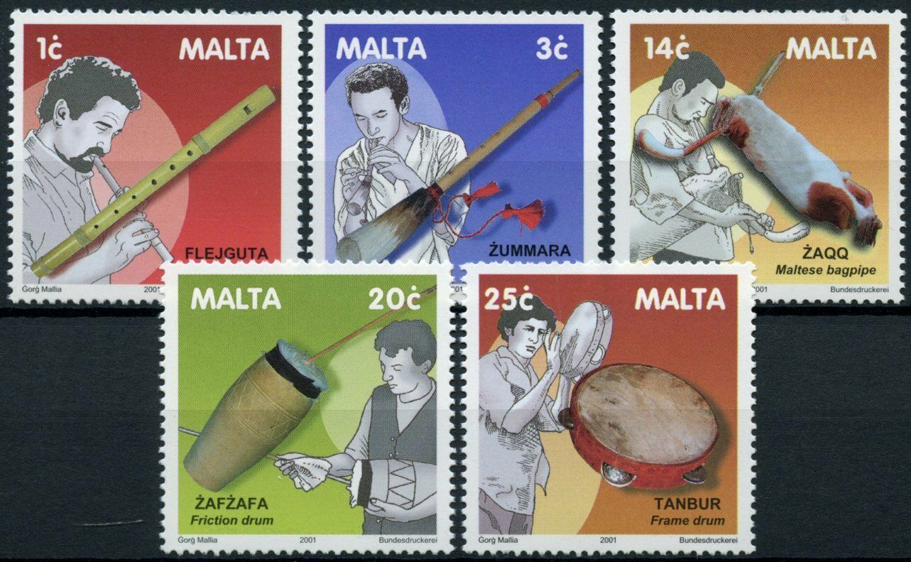 Malta Music Stamps 2001 MNH Old Maltese Musical Instruments Bagpipes 5v Set