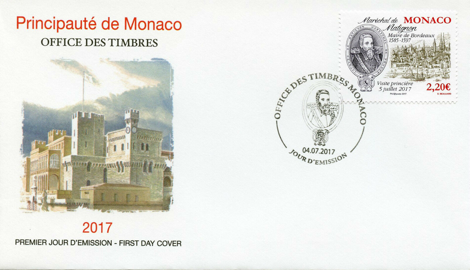 Monaco 2017 FDC Marshal of Matignon Mayor Bordeaux Royal Visit 1v Cover Stamps