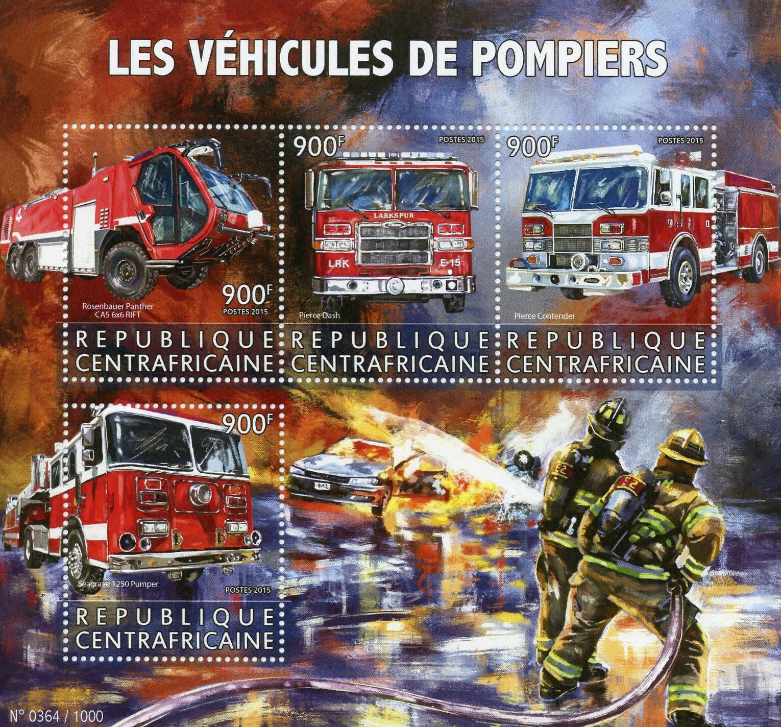 Central African Rep 2015 MNH Fire Engines 4v M/S Trucks Pierce Dash Contender