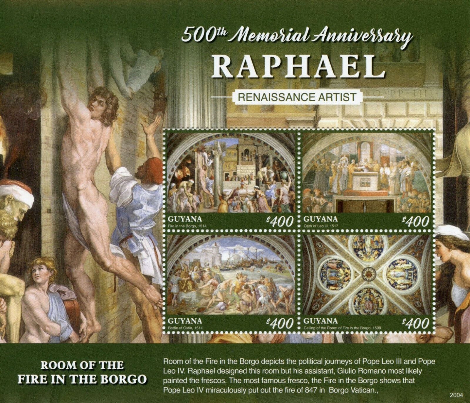 Guyana 2020 MNH Art Stamps Raphael Fire in Borgo Renaissance Paintings 4v M/S
